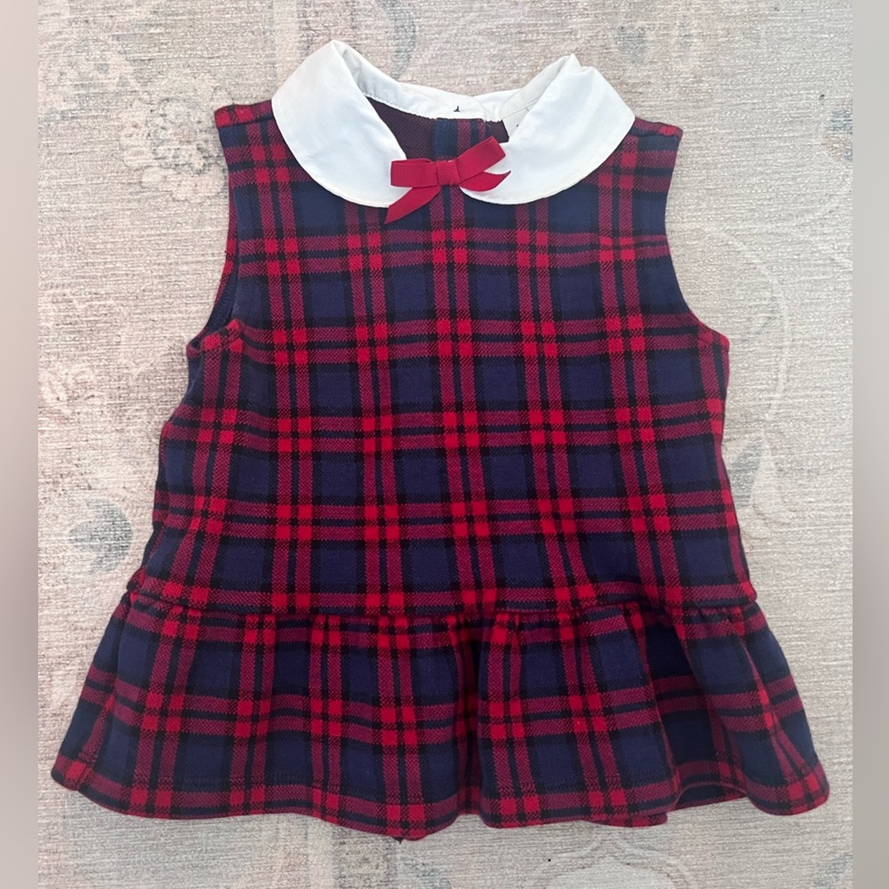 Janie and Jack Burgundy and Navy Tartan Plaid Peplum top with Peter-Pan neckline
